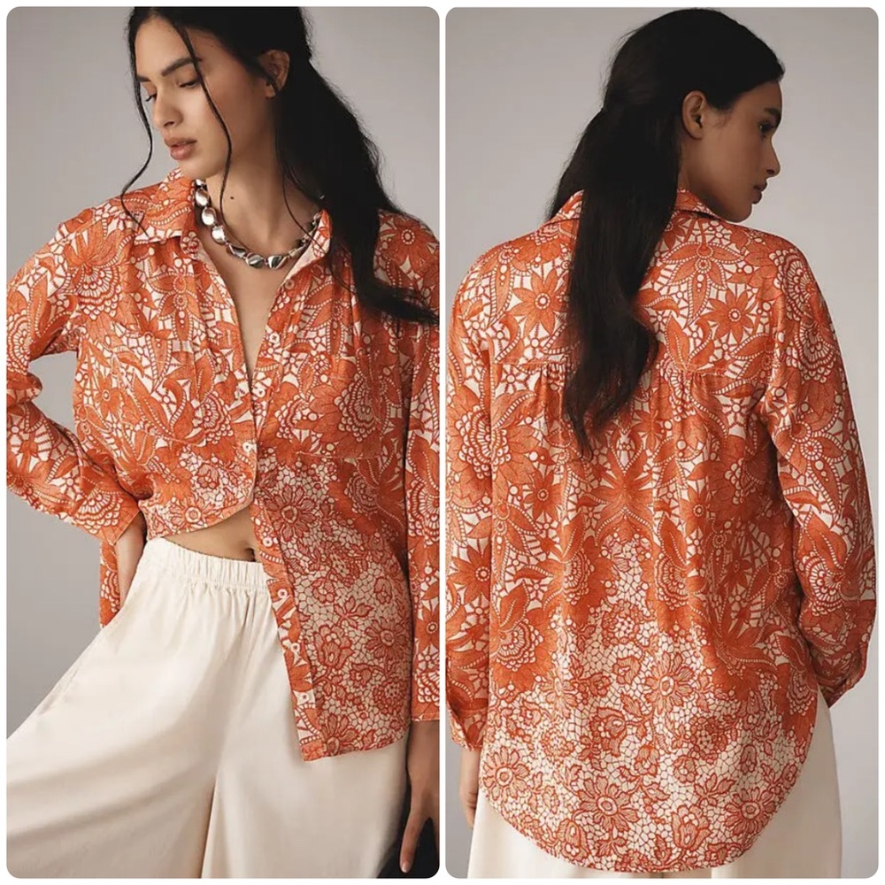 Anthropologie Brielle Relaxed Button Down Blouse Orange Red Size XL